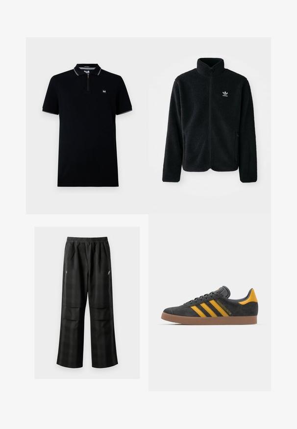 Fekete bolyhos dzseki magas gallérral, cipzáros elejével és elülső zsebeivel. Texturált anyaga és kis fehér logója van a bal mellen.; Fekete póló ing rövid ujjal, cipzáros kivágással, kontrasztos gallérral és ujjaik szélén, sima anyagból készült, kis logóval.; Fekete kockás nadrág, rugalmas derékkal, két elülső zsebbel és laza, egyenes szárú fazonnal. Könnyű anyagból készült.; Fekete velúrbőr sportcipő sárga díszítéssel, három csíkkal és barna gumitalppal. Párnázott nyelvével a kényelem érdekében.