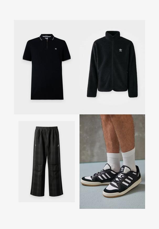 Must värviline fleecedee peasärk kõrge kraega, tõmblukuga esiosa ja esikotid. Omab tekstuuriga kangast ja väikest valget logo vasakul rinnal.; Must mustaga T-särk lühikeste varrukatega, lukuga kaelus, kontrastse krae ja varruka äärtega, valmistatud siledast kangast, millel on väike logo.; Mustas ruudulised püksid, millel on elastne vöökoht, kaks esimest taskut ja laiem lõige sirge jala disainiga. Valmistatud kergest materjalist.; Mustvalged ja valged spordijalatsid, mille pealmine osa on valmistatud suede'ist ja nahast. Kingadel on kolm valget riba, auguline varvas ja kummist tald.