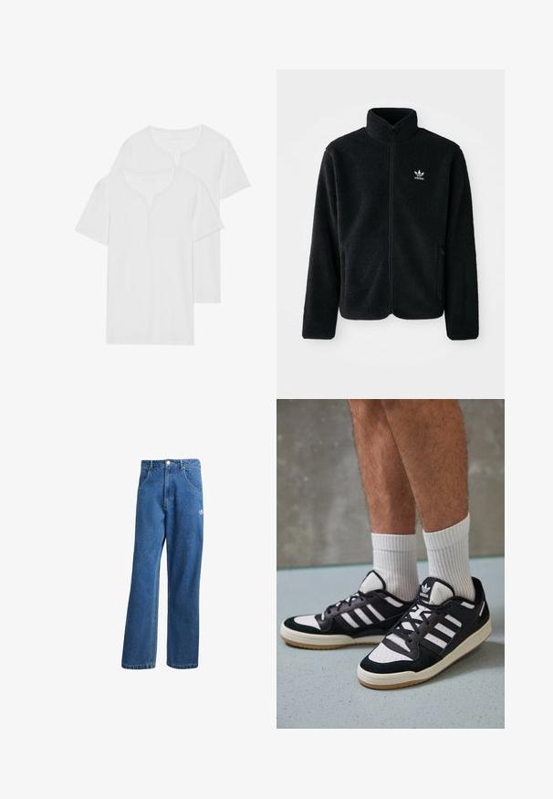 Sort fleecejakke med høj krave, lynlås foran og frontlommer. Har tekstureret stof og lille hvidt logo på venstre bryst.; To hvide t-shirts med korte ærmer lavet af blødt bomuld, der har en henley-halsudskæring med to knapper og en almindelig pasform.; Blå højtaljede viddebukser i denim med forlommer, bælteløkker, knaplukning og lille Adidas-logo på højre lår.; Sorte og hvide sneakers med en overdel i ruskind og læder, der har tre hvide striber, en perforeret tå og en sål i gummigummi.
