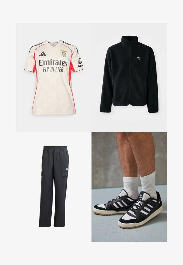 Juodas fliso džemperis su aukštu apykakle, užtrauktuku priekyje ir priekinėmis kišenėmis. Ypatybės: tekstūruota medžiaga ir mažas baltas logotipas kairėje krūtinės pusėje.; Šviesiai smėlio spalvos futbolo marškiniai su raudonais akcentais, turintys V formos iškirptę, įstrižas juodas linijas ant pečių ir juodą tekstą. Logotipas viršutiniame kairiajame kampe.; Juodų cargo kelnių su elastine juosta, dviem šoninėmis kišenėmis ir subtiliu logotipu kairėje šlaunyje. Pagaminta iš lengvos medžiagos.; Juodos ir baltos sportinės bateliai su zomšiniu ir odiniu viršumi, su trimis baltomis juostelėmis, perforuota koja ir guminėmis padais.