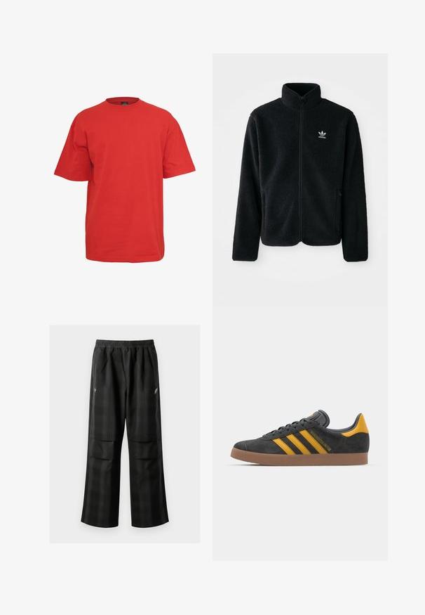 Čierna fleecová bunda s vysokým golierom, zipsom na prednej strane a prednými vreckami. Obsahuje textúrovanú tkaninu a malé biele logo na ľavej hrudi.; Červené bavlnené tričko s krátkym rukávom, okrúhlym výstrihom a voľným strihom. Má jednobarevný dizajn bez vzorov alebo akcentov.; Čierne kockované nohavice s elastickým pásom, dvoma prednými vreckami a voľným strihom so rovnými nohavicami. Vyrobené z ľahkého materiálu.; Čierne semišové tenisky so žltými akcentmi, ktoré majú tri pruhy a hnedú gumovú podrážku. Obsahujú vypolstrovaný jazyk pre pohodlie.