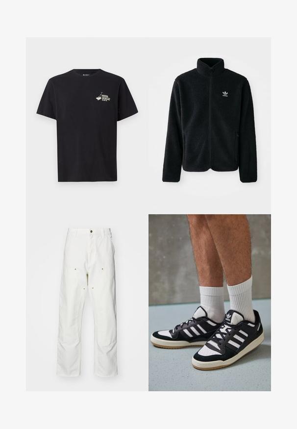 Svart fleecejakke med høy krage, glidelås foran og frontlommer. Har strukturert stoff og liten hvit logo på venstre bryst.; Svart bomulls t-skjorte med grafisk trykk på venstre bryst. Klassisk rund hals og korte ermer, med en myk tekstur.; Hvite bomullscargo bukser med avslappet passform. Funksjoner inkluderer frontlommer, gullfargede detaljer og forsterkede knepartier.; Sorte og hvite sneakers med overdel i semsket skinn og lær, med tre hvite striper, perforert tå og en såle av gummi.