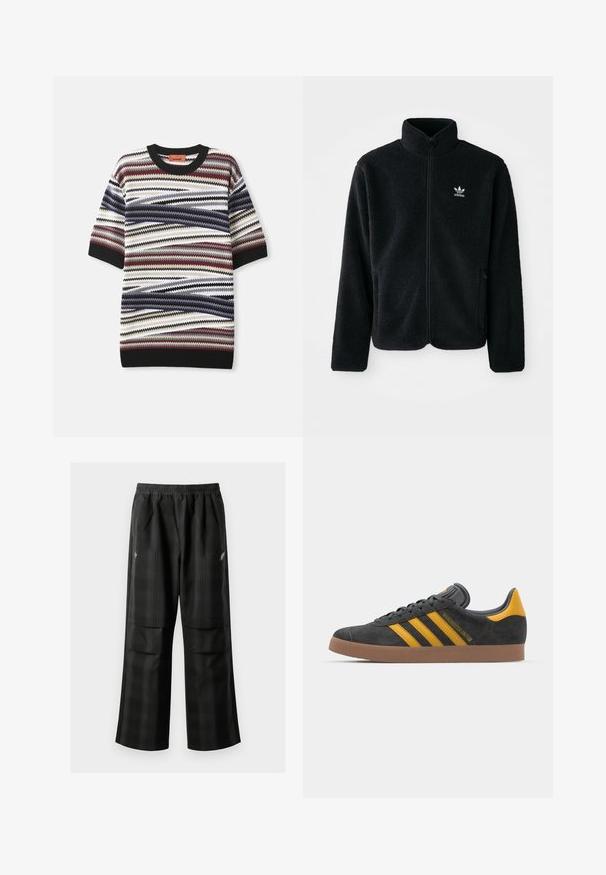 Černá fleecová bunda s vysokým límcem, předním zipem a předními kapsami. Disponuje strukturovanou tkaninou a malým bílým logem na levé hrudi.; Pletený svetr s krátkým rukávem, který se vyznačuje vícolorovaným zigzagovým vzorem v červené, modré, bílé a černé barvě, s ribovaným černým výstřihem a manžetami.; Černé kostkované kalhoty s elastickým pasem, dvěma předními kapsami a volným střihem se rovnými nohavicemi. Vyrobeny z lehkého materiálu.; Černé semišové tenisky se žlutými akcenty, vybavené třemi pruhy a hnědou gumovou podrážkou. Obsahují polstrovaný jazyk pro pohodlí.
