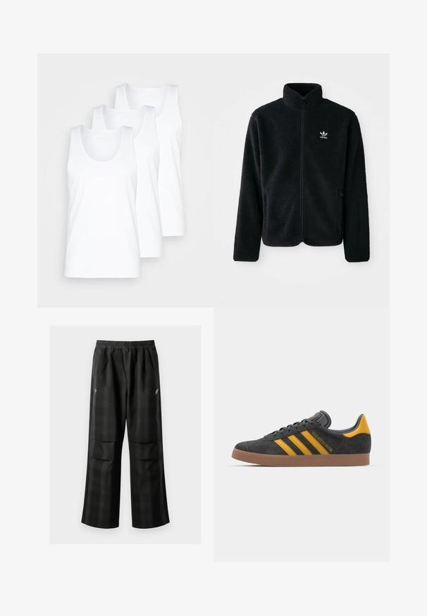 Zwarte fleece jacket met hoge kraag, ritssluiting aan de voorkant en voorzakken. Kenmerkt zich door textuurstof en een klein wit logo op de linkerborst.; Drie witte katoenen tanktops met ronde hals en brede schouderbanden, gestapeld gepresenteerd, gladde textuur, eenvoudig ontwerp.; Zwarte geruite broek met een elastische tailleband, twee voorzakken en een losse pasvorm met een rechte pijpdesign. Gemaakt van lichtgewicht materiaal.; Zwarte suède sneakers met gele accenten, voorzien van drie strepen en een bruine rubberen zool. Inclusief een gevoerde tong voor comfort.