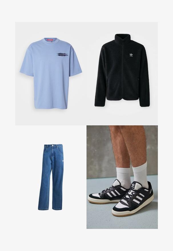 Črna flis jakna z visokim ovratnikom, z zadrgo spredaj in sprednjimi žepi. Ima strukturno blago in majhno belo logo na levi strani prsnega koša.; Svijetloplavi majica kratkih rukava od pamuka. Ima okrugli izrez i crnu grafiku strelica na lijevoj strani prsnog dijela.; Modre visoko pasu široke denim kavbojke z sprednjimi žepi, zankami za pas, gumbom za zapiranje in majhnim logotipom Adidas na desni stegno.; Črno-bele superge z zgornjim delom iz usnja in nubuka, ki imajo tri bele črte, perforiran vrh prstov in podplat iz gume.