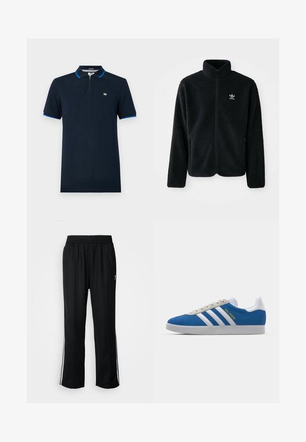Fekete bolyhos dzseki magas gallérral, cipzáros elejével és elülső zsebeivel. Texturált anyaga és kis fehér logója van a bal mellen.; Sötétkék poloing sima anyagból, cipzáras gallérral, rövid ujjakkal, kék díszítéssel és egy kis logóval a mellkason.; Fekete sportnadrág rugalmas derékrésszel, fehér oldalsávokkal és egy kis logóval. Az anyaga lágy és könnyűnek tűnik.; adidas Originals ADIDAS GAZELLE SHOES - Beltéri futballcipő - real madrid/bluebird/footwear white/crew yellow