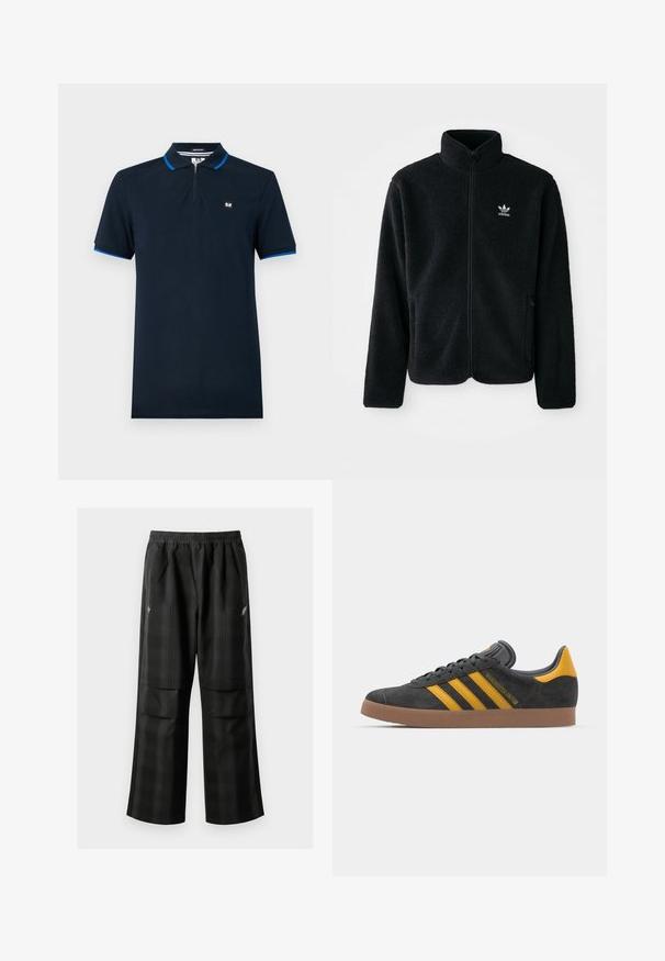 Juodas fliso džemperis su aukštu apykakle, užtrauktuku priekyje ir priekinėmis kišenėmis. Ypatybės: tekstūruota medžiaga ir mažas baltas logotipas kairėje krūtinės pusėje.; Tamsiai mėlyna polo marškinėliai, pagaminti iš lygios medžiagos, su užtrauktuku ant apykaklės, trumpomis rankovėmis su mėlynomis akcentais ir mažu logotipu ant krūtinės.; Juodos languotos kelnės su elastingu juosmeniu, dviem priekinėmis kišenėmis ir laisvu tiesiu kirpimu. Pagamintos iš lengvos medžiagos.; Juodas zomšinės sportbačiai su geltonais akcentais, turintys tris juosteles ir rudą gumos padą. Apima paminkštintą liežuvėlį patogumui.