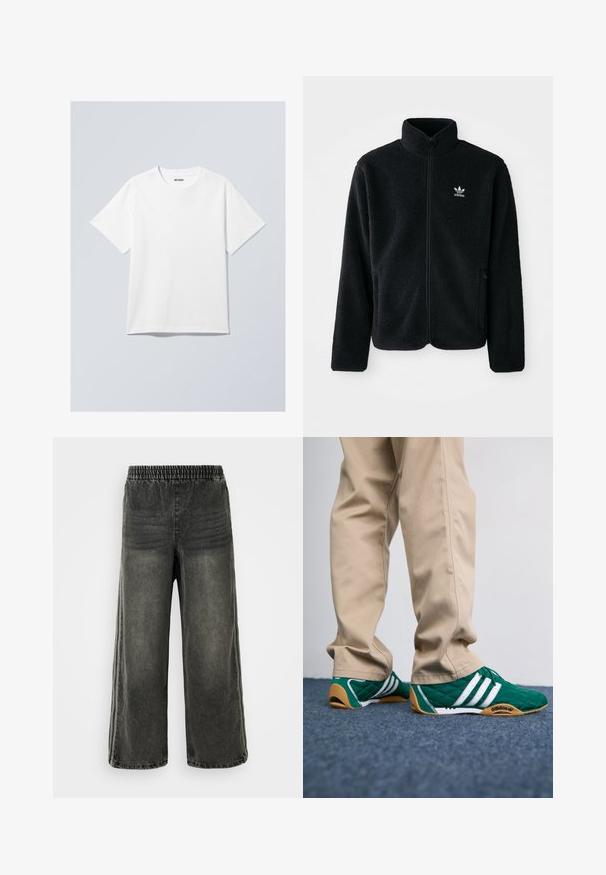 Sort fleecejakke med høj krave, lynlås foran og frontlommer. Har tekstureret stof og lille hvidt logo på venstre bryst.; Hvid bomuld t-shirt med rund halsudskæring, korte ærmer og en afslappet pasform. Har et mærke, der står "WEEKDAY", på halsudskæringen.; Sorte vaskede denimbukser med elastisk talje og brede ben, der har subtile lodrette sømdetaljer på siderne.; Grønne quiltede sneakers med hvide striber og brune gummisåler, parret med beige bukser. Designet har en lav profil og tekstureret materiale.