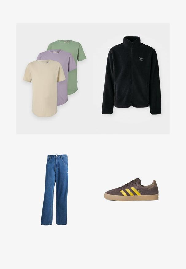 Schwarze Fleecejacke mit hohem Kragen, durchgehendem Reißverschluss und Fronttaschen. Verfügt über strukturiertes Material und ein kleines weißes Logo auf der linken Brust.; Drei Kurzarm-T-Shirts in Creme, Lavendel und Grün. Hergestellt aus weicher Baumwolle, mit Rundhalsausschnitten und einem lockeren Schnitt.; Blaue hohe, weite Jeans mit Fronttaschen, Gürtelschlaufen, Knopfverschluss und kleinem Adidas-Logo am rechten Oberschenkel.; Graue Wildledersneaker mit drei gelben Streifen, Gummisohle und strukturierten Details. Markennamen "Gazelle" an der Seite. Einfaches Schnürdesign.