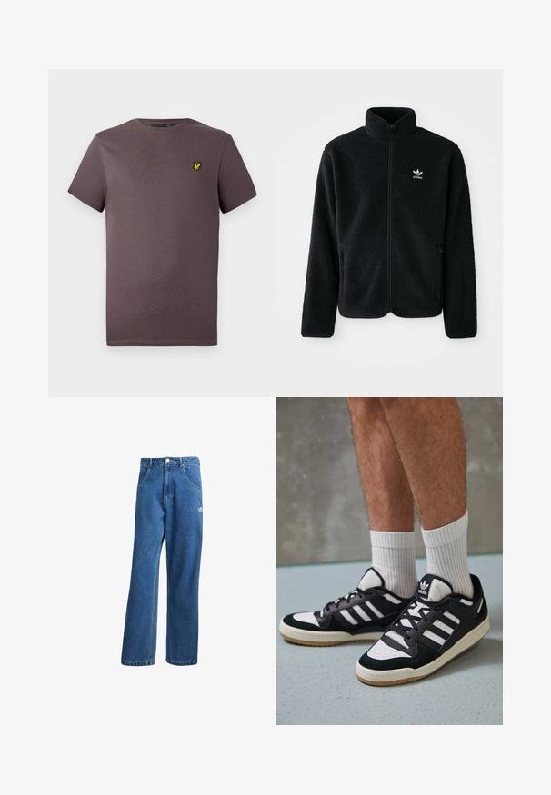 Jachetă din fleece neagră cu guler înalt, fermoar pe față și buzunare frontale. Caracteristici ale materialului texturat și un mic logo alb pe pieptul stâng.; Tricou simplu cu mânecă scurtă, de culoare brună, cu un mic logo de pasăre galbenă pe partea stângă a pieptului, prezentat pe un fundal deschis.; Jeans din denim cu talie înaltă, cu picioare largi, de culoare albastră, cu buzunare frontale, bucle pentru centură, închidere cu nasture și un mic logo Adidas pe coapsa dreaptă.; Adidași negri și albi cu un superior din suede și piele, prevăzuți cu trei dungi albe, un vârf perforat și o talpă din cauciuc caramel.