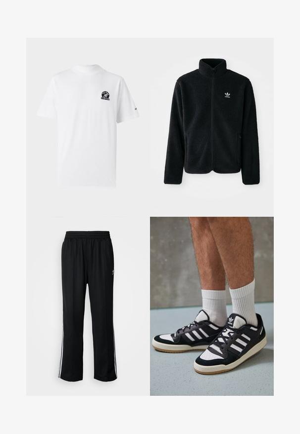 Fekete bolyhos dzseki magas gallérral, cipzáros elejével és elülső zsebeivel. Texturált anyaga és kis fehér logója van a bal mellen.; Fehér pamut póló rövid ujjakkal. Fekete logó található a bal mellen és egy kis logó a jobb ujján. Klasszikus szabású.; Fekete sportnadrág rugalmas derékrésszel, fehér oldalsávokkal és egy kis logóval. Az anyaga lágy és könnyűnek tűnik.; Fekete-fehér tornacipők velúr és bőr felsőrésszel, három fehér csíkkal, perforált orral és gumi talppal.