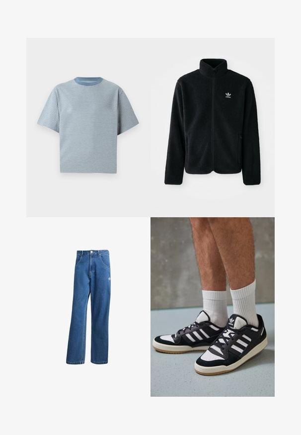 Must värviline fleecedee peasärk kõrge kraega, tõmblukuga esiosa ja esikotid. Omab tekstuuriga kangast ja väikest valget logo vasakul rinnal.; Röstripuline T-särk helesinises ja valges, lühikeste varrukatega, ümmarguse kaelusega, pehmest puuvillast materjalist, millel on lõdva istuvuse omadus.; Sinine kõrge vöökohaga avar jakkidega teksapükse, millel on ees taskud, vöökoharingid, nupuga sulgemine ja väike Adidas'i logo paremal reiel.; Mustvalged ja valged spordijalatsid, mille pealmine osa on valmistatud suede'ist ja nahast. Kingadel on kolm valget riba, auguline varvas ja kummist tald.