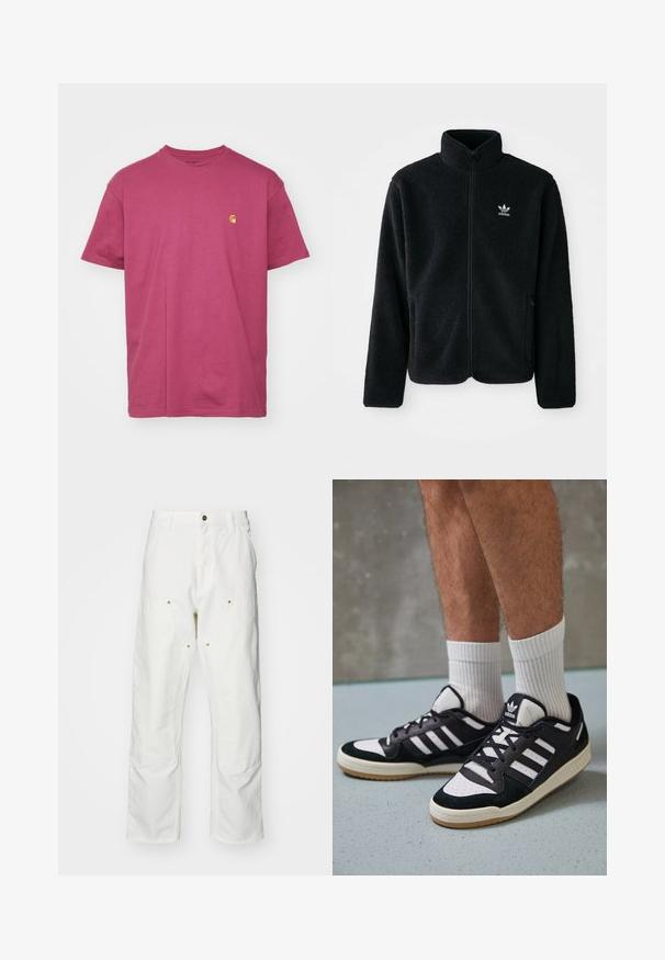 Chupa de forro polar negro con cuello alto, cierre frontal y bolsillos delanteros. Presenta tela texturizada y un pequeño logo blanco en el lado izquierdo del pecho.; Carhartt WIP CHASE - Camiseta básica - dusty fuchsia/gold; Pantalones cargo de algodón blancos con un corte relajado. Las características incluyen bolsillos frontales, detalles en dorado y secciones de rodilla reforzadas.; Zapatillas en blanco y negro con parte superior de ante y cuero, que presentan tres franjas blancas, una puntera perforada y una suela de goma.