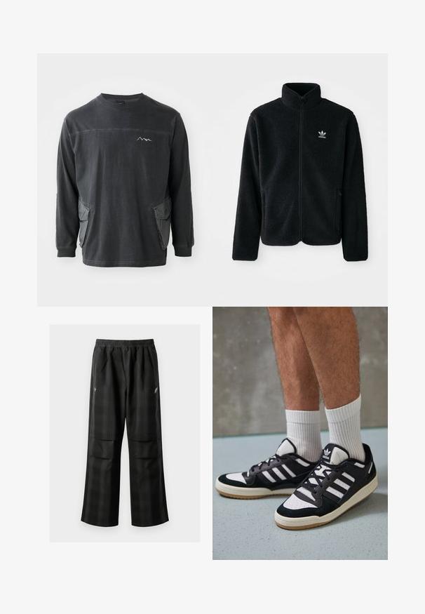 Black fleece jacket with high collar, zip front, and front pockets. Features textured fabric and small white logo on left chest.; Black long-sleeve shirt with a crew neck. Features two side pockets and a mountain graphic on the chest. Made from soft cotton material.; Black plaid pants featuring an elastic waistband, two front pockets, and a loose fit with a straight leg design. Made from lightweight material.; Black and white sneakers with a suede and leather upper, featuring three white stripes, a perforated toe, and a gum rubber sole.