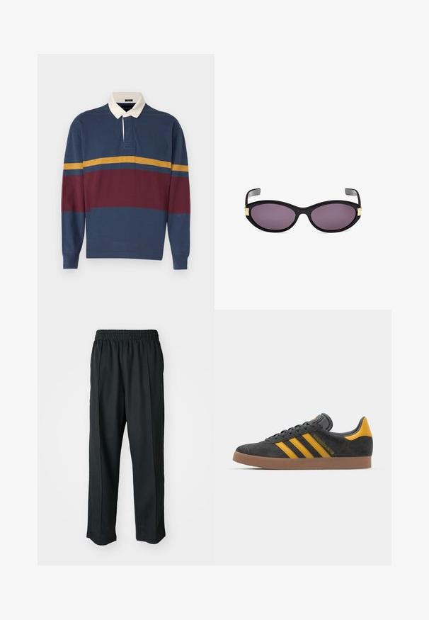 Black fleece jacket with high collar, zip front, and front pockets. Features textured fabric and small white logo on left chest.; Long-sleeve polo shirt in navy, featuring burgundy and mustard stripes. Contrast white collar with button placket. Soft cotton fabric.; Black athletic pants with an elastic waistband, made of smooth fabric, featuring subtle side stitching and a relaxed fit, straight leg design.; Black suede sneaker with yellow accents, featuring three stripes and a brown rubber sole. Includes a padded tongue for comfort.; Black cat-eye sunglasses with purple lenses. Features gold accents near the temples. Smooth plastic frame with a glossy finish.