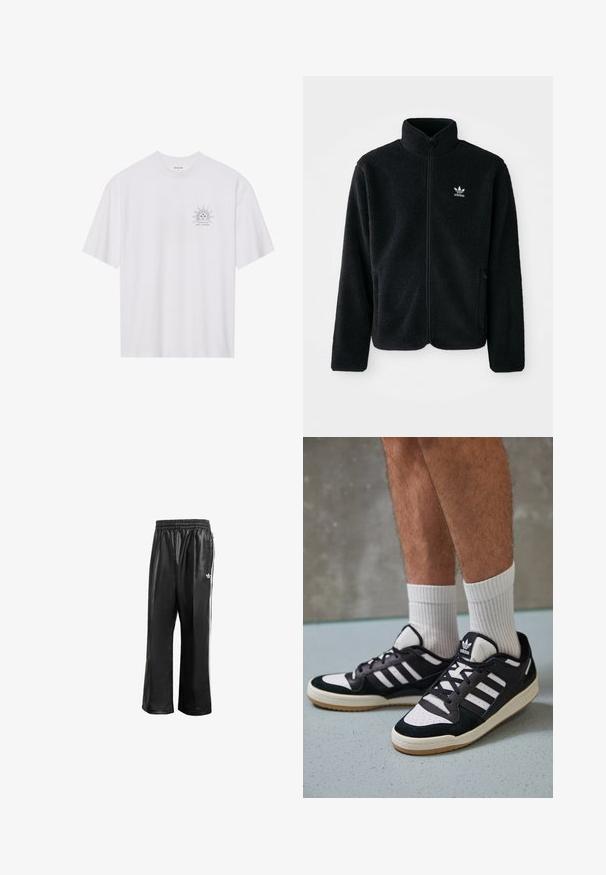 Zwarte fleece jacket met hoge kraag, ritssluiting aan de voorkant en voorzakken. Kenmerkt zich door textuurstof en een klein wit logo op de linkerborst.; Witte katoenen t-shirt met korte mouwen, voorzien van een zwarte zonafbeelding op de linkerkant van de borst, met daaronder de tekst "NAVIGATE THE COSMOS".; Zwarte synthetische trainingsbroek met een elastische tailleband, voorzien van witte zijstrepen en een klein wit logo op de linkse heup.; Zwart-witte sneakers met een bovenwerk van suede en leer, voorzien van drie witte strepen, een geperforeerde neus en een rubberen gumzool.