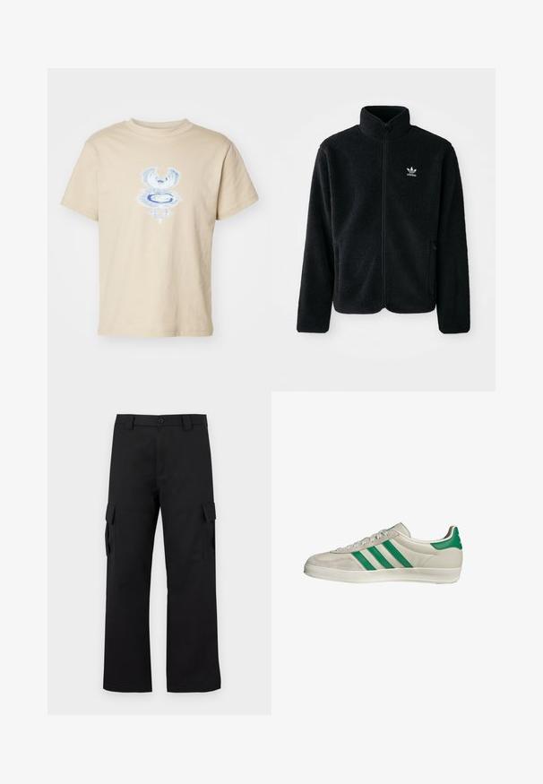 Schwarze Fleecejacke mit hohem Kragen, durchgehendem Reißverschluss und Fronttaschen. Verfügt über strukturiertes Material und ein kleines weißes Logo auf der linken Brust.; Weekday BOXY GRAPHIC TEE - T-Shirt print - beige; Schwarze Cargo-Hosen mit geradem Bein Design. Hergestellt aus strapazierfähigem Stoff, mit zwei Seitentaschen mit Klappen und einem Knopfverschluss.; Beige Sneaker mit grünen Streifen, ausgestattet mit einer weißen Sohle und einem Obermaterial aus glattem Leder. Seitenansicht, die die Schnürdetails und das Logo hervorhebt.