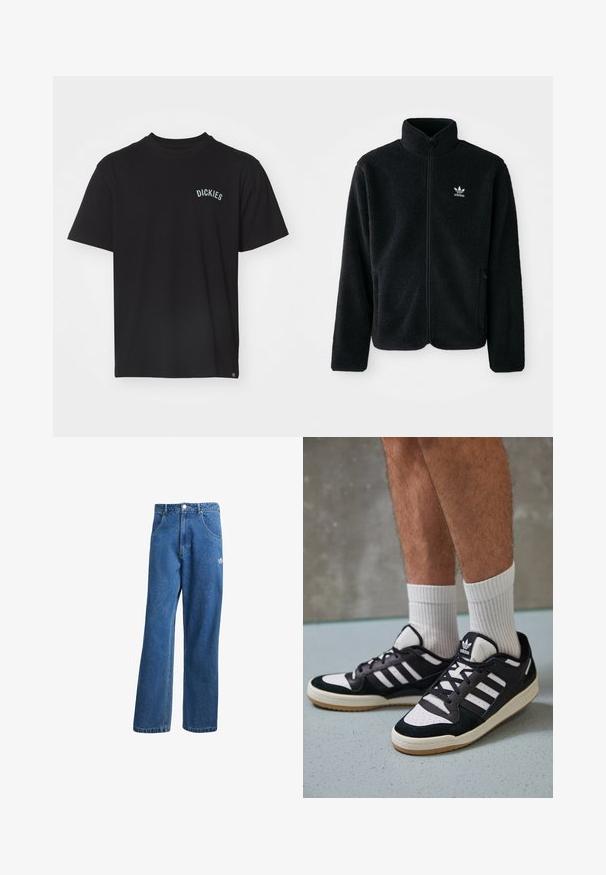Svart fleecejakke med høy krage, glidelås foran og frontlommer. Har strukturert stoff og liten hvit logo på venstre bryst.; Svart kortermet t-skjorte laget av bomull, med en liten turkise logo som står "DICKIES" på brystet. Klassisk runde halsdesign.; Blå høyhalsede vide denimjeans med frontlommer, belteholdere, knappelukking og liten Adidas-logo på høyre lår.; Sorte og hvite sneakers med overdel i semsket skinn og lær, med tre hvite striper, perforert tå og en såle av gummi.