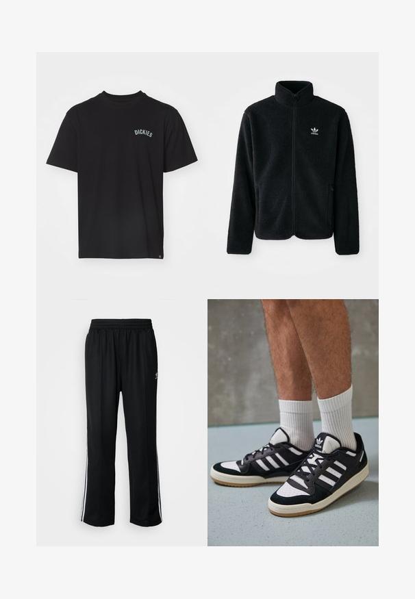 Black fleece jacket with high collar, zip front, and front pockets. Features textured fabric and small white logo on left chest.; Black short-sleeve t-shirt made of cotton, featuring a small turquoise logo that reads "DICKIES" on the chest. Classic crew neck design.; Black athletic pants with an elastic waistband, featuring white side stripes and a small logo. Material appears soft and lightweight.; Black and white sneakers with a suede and leather upper, featuring three white stripes, a perforated toe, and a gum rubber sole.