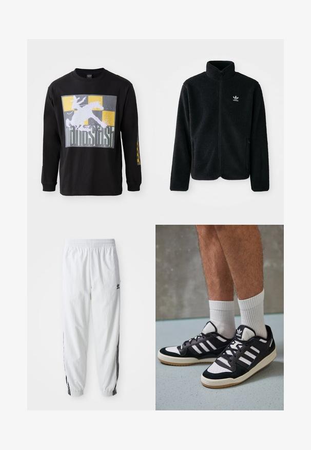 Black fleece jacket with high collar, zip front, and front pockets. Features textured fabric and small white logo on left chest.; Black long-sleeve t-shirt featuring a large graphic of a rider on a horse over a gray and gold checkered background. Cotton material, standard fit.; White athletic pants with black side stripes, elastic waistband, and cuffs; features Adidas logo on the left thigh. Smooth fabric texture.; Black and white sneakers with a suede and leather upper, featuring three white stripes, a perforated toe, and a gum rubber sole.