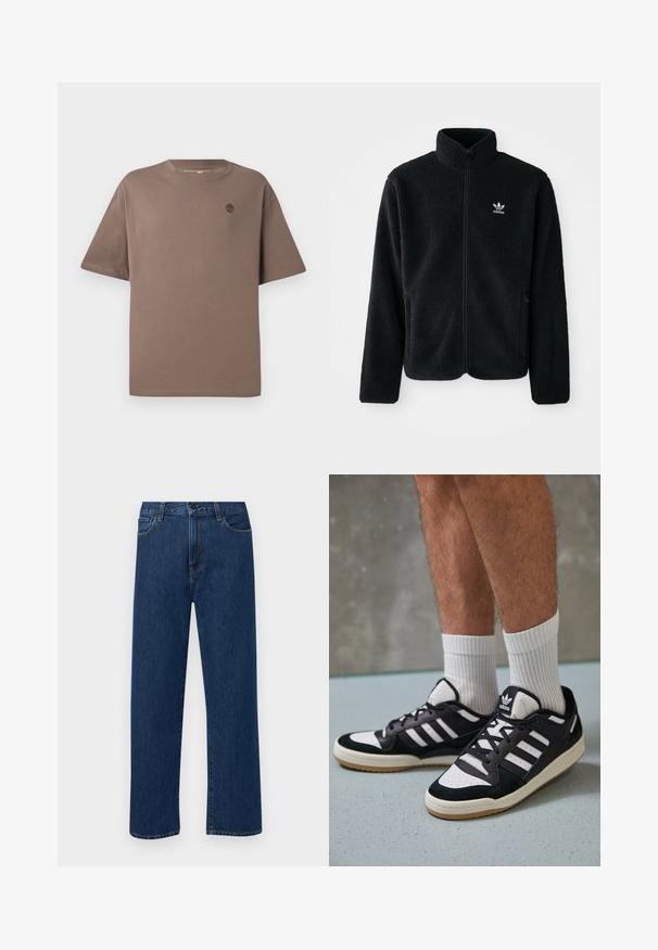 Svart fleecejakke med høy krage, glidelås foran og frontlommer. Har strukturert stoff og liten hvit logo på venstre bryst.; Brun bomull T-skjorte med rund hals og korte ermer, med en liten logo på brystet, glatt tekstur og avslappet passform.; Mørkeblå rette jeans i denim med frontlommer og knappelukking, vist på en enkel hvit bakgrunn.; Sorte og hvite sneakers med overdel i semsket skinn og lær, med tre hvite striper, perforert tå og en såle av gummi.