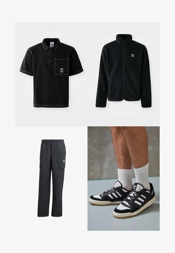 Czarna polarowa kurtka z wysokim kołnierzem, zamek z przodu i kieszeniami z przodu. Posiada teksturowany materiał i małe białe logo na lewej piersi.; Czarna krótka koszulka polo z zamkiem z przodu, białe pionowe paski, kieszeń na piersi z małym logo i teksturowana tkanina.; Czarne spodnie cargo z elastycznym paskiem w talii, dwoma bocznymi kieszeniami i subtelnym logo na lewym udzie. Wykonane z lekkiego materiału.; Czarno-białe sneakersy z zamszową i skórzaną cholewką, z trzema białymi paskami, perforowanym czubkiem i gumową podeszwą w kolorze gumy.