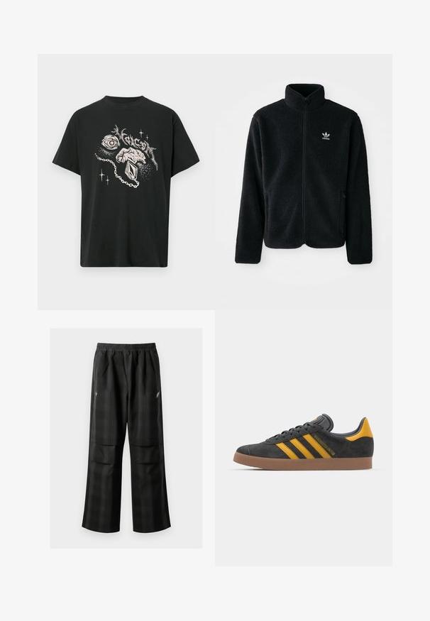 Jachetă din fleece neagră cu guler înalt, fermoar pe față și buzunare frontale. Caracteristici ale materialului texturat și un mic logo alb pe pieptul stâng.; Tricou negru cu grafică albă care reprezintă un ochi, o mână care ține un pandantiv, forme abstracte și text stilizat deasupra.; Pantaloni cu un model carourile negre, având talie elastică, două buzunare frontale și un croi lejer cu picioare drepte. Construiți dintr-un material ușor.; Tenisi negri din suede cu accente galbene, având trei dungi și o talpă din cauciuc maroniu. Include un limba căptușită pentru confort.