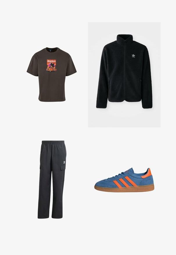 Chupa de forro polar negro con cuello alto, cierre frontal y bolsillos delanteros. Presenta tela texturizada y un pequeño logo blanco en el lado izquierdo del pecho.; Camiseta de algodón de color marrón oscuro con un estampado gráfico de un coche y la palabra "Market" en colores vibrantes, con un corte relajado y mangas cortas.; Pantalones cargo negros con una cinturilla elástica, dos bolsillos laterales y un logo sutil en el muslo izquierdo. Fabricados con una tela ligera.; Zapatillas de tela azul con detalles en naranja y tres rayas. Suela de goma, parte superior texturizada y diseño con cordones.