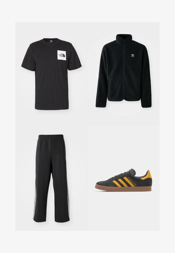 Casaco de fleece preto com gola alta, fecho de correr à frente e bolsos frontais. Apresenta um tecido texturizado e um pequeno logo branco no lado esquerdo do peito.; T-shirt preta de algodão com mangas curtas, decote redondo, e um logótipo quadrado branco no peito com o texto "The North Face" e um design curvado.; Calças de moletom pretas com um cós elástico, apresentando riscas laterais brancas e um corte descontraído. Feitas de um tecido macio e elástico.; Tenis em camurça preta com detalhes amarelos, apresentando três riscas e uma sola de borracha castanha. Inclui uma língua acolchoada para maior conforto.