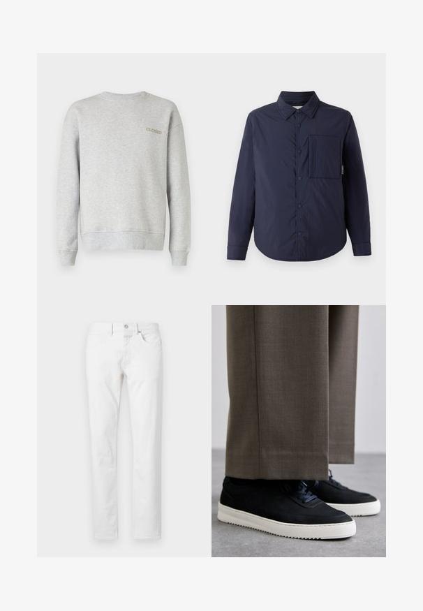 CLOSED QUILTED OVERSHIRT - Zimska jakna - dark night; Sivi dukserica napravljena od mekanog materijala, sa rebrastim okovratnikom i manžetama, sa izvezenim natpisom "CLOSED" u kontrastnoj boji.; Bijele traperice ravnog kroja izrađene od denima, sa pet džepova, zatvaranjem na gumbe i klasičnim krojem s minimalnom teksturom.; Crne nubuk tenisice s bijelim gumenim potplatima, s zaobljenim vrhom i vezicama, uparene s sivim krojenim hlačama.