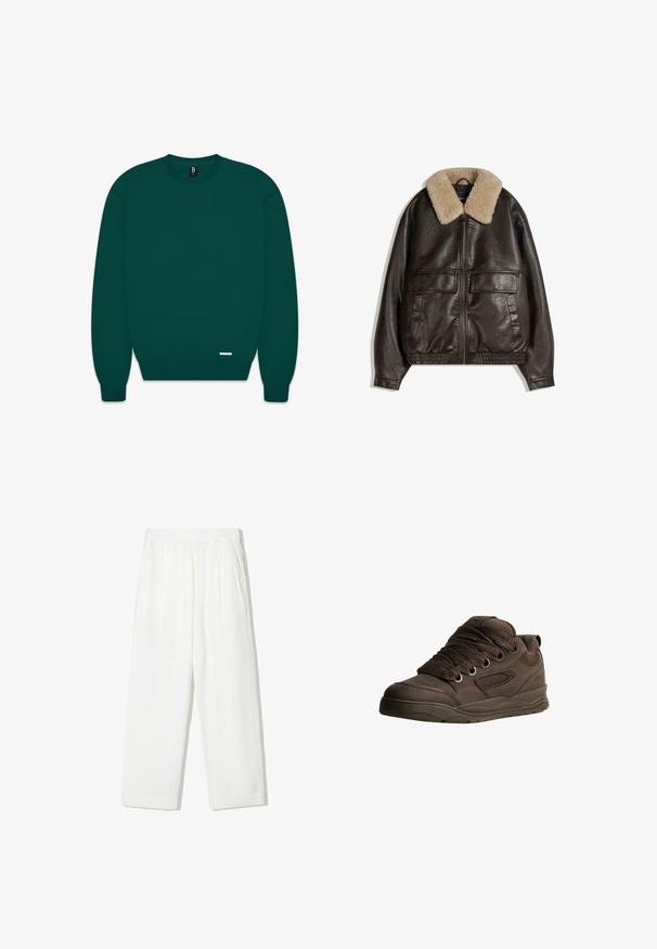 Braune Lederjacke mit einem beigen Lammfellkragen, Reißverschluss, zwei großen Fronttaschen sowie elastischem Saum und Bündchen.; Dunkelgrüner Rundhalsausschnitt-Pullover, aus Baumwollmischung, mit gerippten Ärmelbündchen und Saum, minimalistisches Design mit kleiner Logoplage unten links.; Weiße weit geschnittene Hosen austexturiertem Stoff. Mit elastischem Bund und zwei seitlichen Taschen. Lässiger, lockerer Schnitt.; Braune Sportschuhe aus glattem synthetischem Material. Mit dicken Schnürsenkeln, Mesh-Akzenten, gepolstertem Schaft und strukturiertem Gummisohle.
