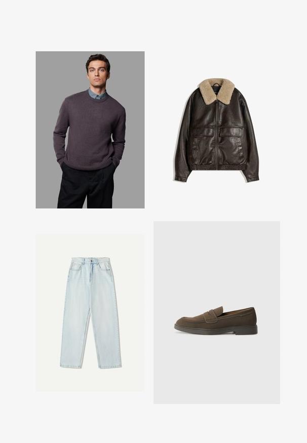 Barna bőrdzseki bézs gyapjú gallérral, cipzáros záródással, két nagy elülső zsebbel, és rugalmas alsó szegéllyel és mandzsettákkal.; Sötét lila pulóver, kötött textúrával, kerek nyakkal, bordázott mandzsettákkal és szegéllyel, világoskék galléros inggel rétegezve, sötét nadrággal párosítva.; Világoskék farmernadrág, laza szabással, egyenes szárú kialakítással, öt zsebes stílussal és finom elhalványulással az anyagon.; Barna velúr loafer, lekerekített orral, egy csíkkal a lábfejen, és lapos gumitalppal. Egyszerű dizájn, letisztult vonalakkal és minimális részletezéssel.
