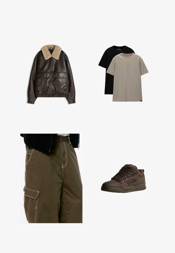 Giacca in pelle marrone con colletto in shearling beige, chiusura con zip, due grandi tasche anteriori e orlo e polsini elasticizzati.; Set di due t-shirt; una nera, una beige chiaro. Vestibilità regolare con scollature rotonde, realizzate in morbido cotone. Design semplice, senza motivi.; Primo piano di pantaloni cargo verde oliva scuro con impunture bianche a contrasto e una linguetta della tasca laterale, indossati con una giacca nera e una camicia bianca.; Scarpe atletiche marroni realizzate in materiale sintetico liscio. Caratterizzate da lacci spessi, dettagli in rete, collo imbottito e suola in gomma testurizzata.