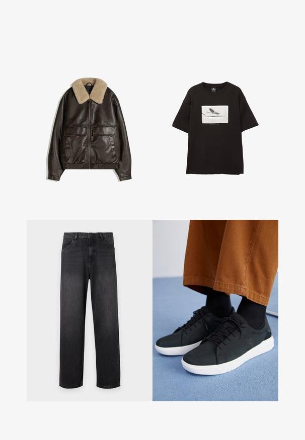 Brun læderjakke med en beige shearlingkrave, lynlås foran, to store forlommer og elastisk kant og mansjetter.; Sort bomulds t-shirt med korte ærmer, med et hvidt rektangulært grafisk billede af en flue på en tynd linje, minimal branding under billedet.; Mørkegrå denim jeans med lige ben, der har lynlås i gylpen, fem lommer og diskrete falmende detaljer på stoffet.; Sorte ruskinds sneakers med hvide gummisulder, med snørebånd-design, teksturerede detaljer og diskret branding, parret med brune bukser.