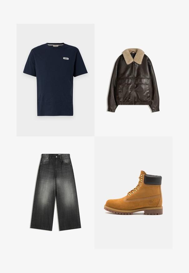 Ruskea nahkatakki, jossa on vaaleanbeige lampaankarvakaulus, vetoketjusuljenta, kaksi suurta etutaskua sekä joustava helma ja hihansuut.; Tummansininen puuvillapaita, jossa on pyöreä kaula-aukko, lyhyet hihat ja valkoinen "POMPEII" -logo vasemmassa rintakoristuksessa. Sileä pinta, rento istuvuus.; Haalari-farkut haalistuneessa mustassa, joissa on klassinen viisi-taskuinen muotoilu ja hieman texturetettu pinta. Metalliset varusteet.; Valkoinen nahkainen nilkkuri mustalla pehmustetulla kauluksella, kultaisilla metallisilla rei'illä, valkoisella ompeluksella ja jykevällä kumipohjalla, jossa on selvästi näkyvät urat.