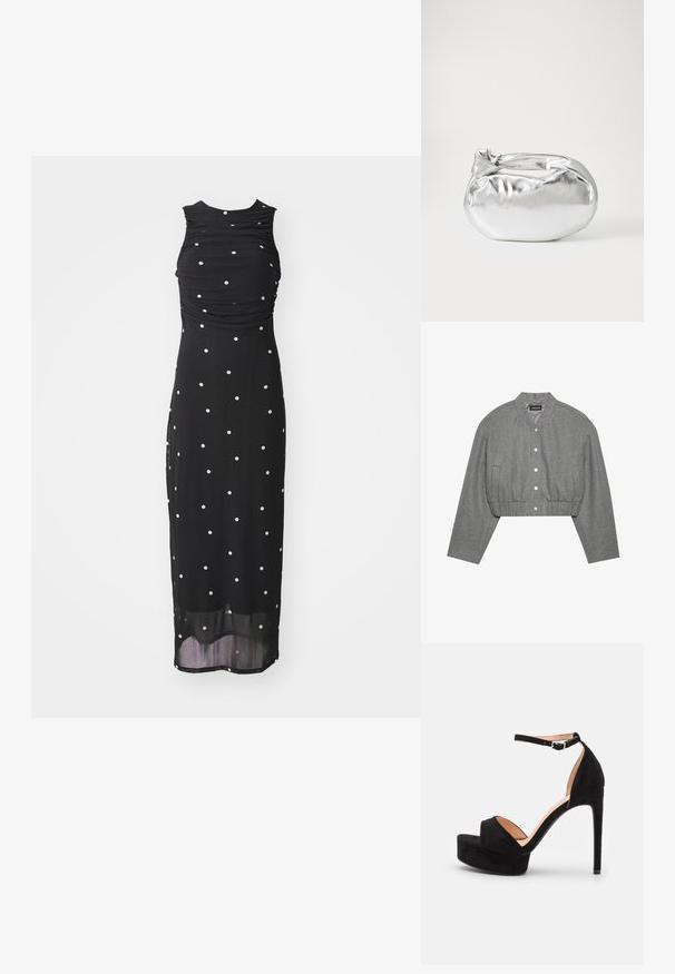Rövidített szürke dzseki kerek gallérral, patentgombos elülső részével és elasztikus derékpánttal. Két oldalsó zsebvel és strukturált anyaggal rendelkezik.; Fekete ujjatlan ruha, gyűrt dekoltárral és fehér pöttyökkel, közepes hosszúságú fazonnal és áttetsző alsó szegéllyel. Sima szövettextúra.; Fekete zamšibőr magassarkú szandál platform talppal, bokapánt ezüst hardware elemekkel, nyitott orrú dizájn és sima felület.; Ezüst fémes anyagú tasak táska, puha, lekerekített formával és csomós záródással a tetején. Simító műbőrből készült.