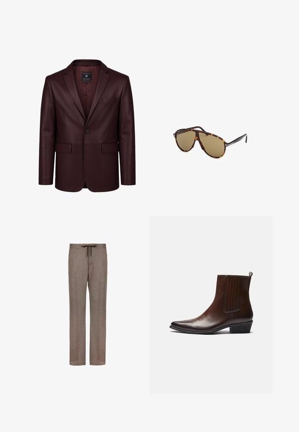 Bordowy skórzany żakiet o gładkiej fakturze, z pojedynczym zapięciem na guzik, klapami i jedną kieszonką na piersi oraz dwiema kieszeniami z przodu. Podszewka wewnętrzna.; Biała koszulka z krótkim rękawem wykonana z bawełnianego materiału, z okrągłym dekoltem. Prosty fason bez wzorów lub akcentów. Gładka tekstura.; Brązowe, lekkie spodnie wykonane z miękkiego materiału, z elastycznym paskiem w talii i prostymi nogawkami, bez widocznych wzorów ani detali metalowych.; Brązowy skórzany botek za kostkę z wąskim nosem, elastycznymi bocznymi panelami, teksturowanym wykończeniem z przodu oraz niskim, słupkowym obcasem.; Okulary przeciwsłoneczne w kratkę o brązowych soczewkach, w stylu aviator, z elegancką konstrukcją oprawki i metalowymi akcentami na zausznikach.