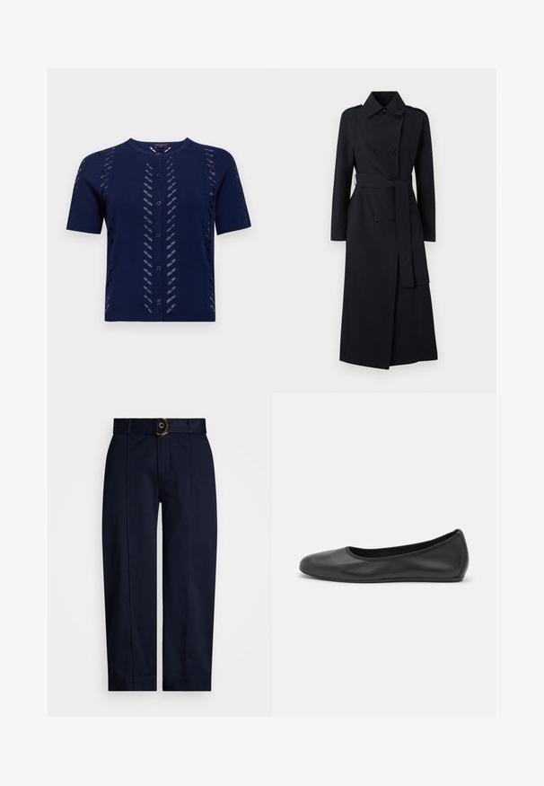 Double-breasted black trench coat made of smooth fabric, featuring a belted waist, long sleeves, and a classic collar design.; Navy knitted cardigan with short sleeves, featuring cut-out patterns and button front closure. Soft, textured fabric with a fitted silhouette.; White long-sleeve shirt with a pointed collar, front button closure, and fitted design. Smooth cotton fabric with subtle stitching details.; Navy trousers with a woven waistband and a gold ring buckle, featuring a straight-leg cut and pressed creases along the front.; Black leather ballet flat with a rounded toe, smooth texture, minimal stitching detail, and a flexible sole design.