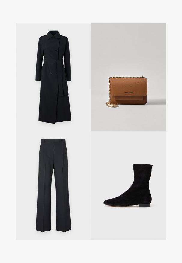 Fekete, dupla gombos trench coat sima anyagból, övvel megkötött derékkal, hosszú ujjal és klasszikus gallértervezéssel.; Világos krémszínű pulóver, puha kötött anyagból készült. Kerek nyakkivágással, hosszú ujjakkal és bordázott mandzsettákkal, valamint rakláng ujjdizájnnal rendelkezik.; Sötétkék csíkos nadrág magas derékkal, széles szárú kialakítással, látható fémrészletek vagy díszítések nélkül. Sima textúra és szabott fazon.; Fekete velúr bokacsizma, illeszkedő szárral, hegyes orral és alacsony blokk sarokkal. Simább felület és minimalista dizájn, amely sokoldalú stílushoz megfelelő.; Barna textúrájú bőr keresztbody táska arany lánc pánttal és fedélzárral. Az elején logó részlet és egy zseb található a fedél alatt.