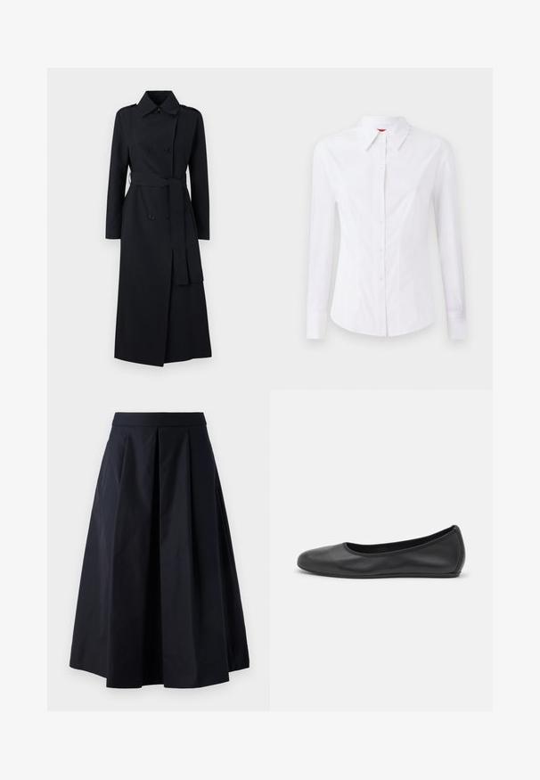 Doppelreihiger schwarzer Trenchcoat aus glattem Stoff, mit einem taillierten Gürtel, langen Ärmeln und einem klassischen Kragen-Design.; Weißes langärmliges Hemd mit spitzem Kragen, vorderem Knopfverschluss und taillierter Passform. Glattes Baumwollmaterial mit dezenten Stickdetails.; Schwarzer A-Linien-Rock aus glattem Stoff, mit Falten und einem breiten Bund. Der Rock reicht bis kurz über das Knöchel.; Schwarze Leder-Ballettschuhe mit abgerundeter Spitze, glatter Textur, minimalen Nähdetails und einem flexiblen Sohlen-Design.