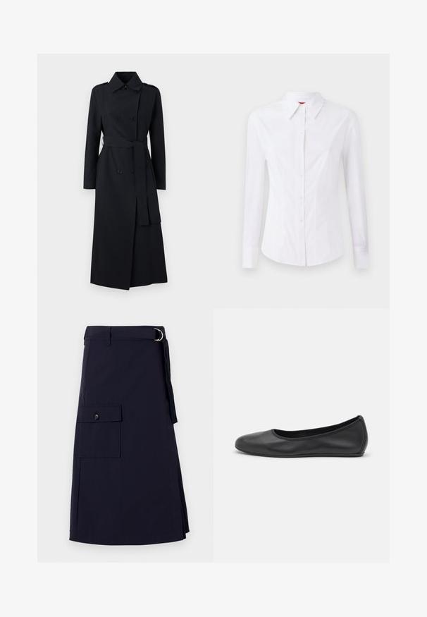 Dubbelbreasted zwarte trenchcoat van gladde stof, met een riem in de taille, lange mouwen en een klassiek kraagontwerp.; Witte blouse met lange mouwen en een puntige kraag, met een knoopsluiting aan de voorkant en een getailleerd ontwerp. Gladde katoenstof met subtiele stikdetails.; Navyblauwe rok met een gestructureerd ontwerp, voorzien van een zijvak en een metalen D-ring als accent. Gemaakt van duurzaam materiaal.; Zwarte leren ballerina met een ronde neus, gladde textuur, minimale stikdetails en een flexibele zoolontwerp.