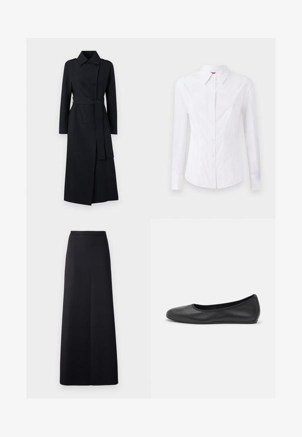 Cappotto trench nero doppiopetto realizzato in tessuto liscio, con vita cinturata, maniche lunghe e un design del colletto classico.; Camicia bianca a maniche lunghe con colletto a punta, chiusura frontale con bottoni e design aderente. Tessuto di cotone liscio con dettagli di cucitura discreti.; Gonna nera lunga fino al pavimento realizzata in tessuto liscio. Presenta una vita aderente e un design minimalista senza motivi o dettagli visibili.; Pantofole da balletto nere in pelle con punta arrotondata, texture liscia, dettagli di cucitura minimi e design con suola flessibile.
