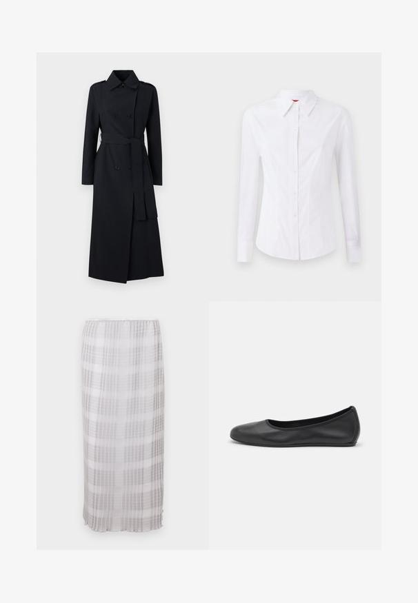 Dobbeltspent svart trenchcoat laget av glatt stoff, med belte i midjen, lange ermer og en klassisk kragedesign.; Hvit langermet skjorte med spiss krage, frontlukking med knapper og figurnær design. Glatt bomullsstoff med subtile søm detaljer.; Lang, gjennomsiktig skjørt i hvitt med grå rutemønster. Mykt, lett stoff med elastisk liv, som ender ved anklene.; Svart skinnballettflatt med rund tå, glatt tekstur, minimal sømdetalj, og et fleksibelt såledesign.