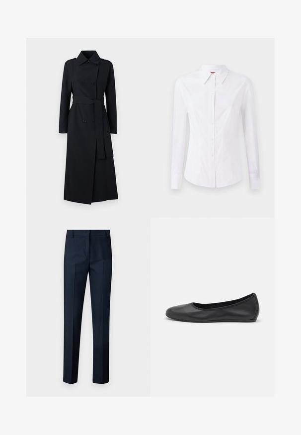 Divkāršas melnas lietusmētelis, kas izgatavots no gludas auduma, ar jostu vidukļa daļā, garām piedurknēm un klasiskā apkakles dizainu.; Balta garām piedurknēm krekls ar norādītu apkakli, priekšējo pogu aizdari un pieguļošu piegriezumu. Viegla kokvilnas auduma ar smalkiem šuvju akcentiem.; Jūras zilas bikses, izgatavotas no gludas auduma, ar taisnu kāju piegriezumu, platu priekšpusi un bez redzamām kabatām vai rotājumiem.; Melna ādas baleta kurpe ar noapaļotu purngalu, gludu tekstūru, minimālu šuvju detalizāciju un elastīgu zoles dizainu.