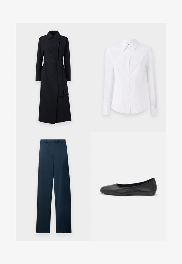 Dobbeltspent svart trenchcoat laget av glatt stoff, med belte i midjen, lange ermer og en klassisk kragedesign.; Hvit langermet skjorte med spiss krage, frontlukking med knapper og figurnær design. Glatt bomullsstoff med subtile søm detaljer.; Marineblå vid bukser med en glat overflade, flad front og bæltestropper. Funktioner med minimalistisk design og ingen synlige mønstre eller accenter.; Svart skinnballettflatt med rund tå, glatt tekstur, minimal sømdetalj, og et fleksibelt såledesign.