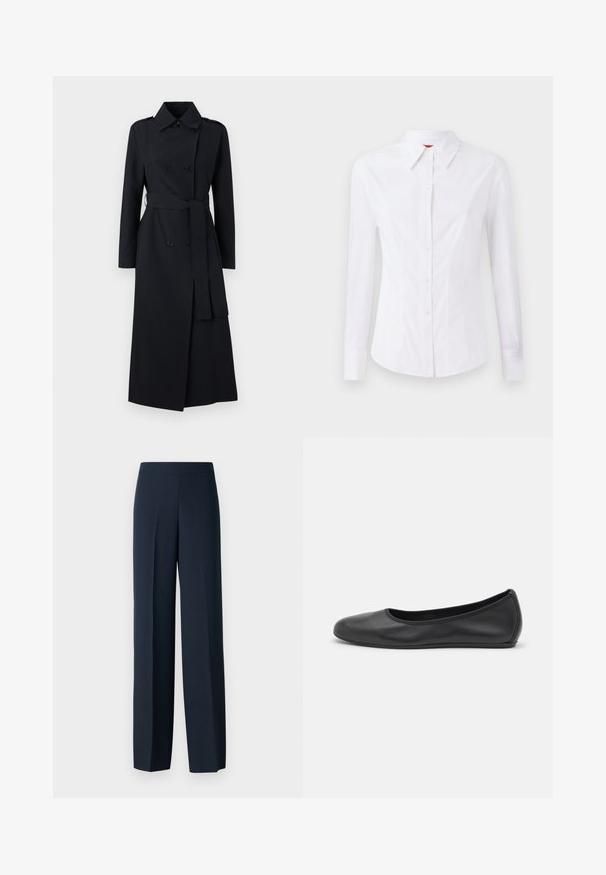 Dvojřadý černý trenčkot vyrobený z hladké tkaniny, s páskem v pase, dlouhými rukávy a klasickým límcem.; Bílé dlouhé rukávy košile s špičatým límcem, předním zapínáním na knoflíky a přiléhavým střihem. Hladká bavlněná tkanina s jemnými detaily šití.; Námořnické modré kalhoty s širokými nohavicemi, hladkým povrchem, plochým pasem a bez viditelných detailů uzávěru. Navrženy pro volný střih.; Černé kožené baletní byty s kulatou špičkou, hladkou texturou, minimálními švy a flexibilním designem podrážky.