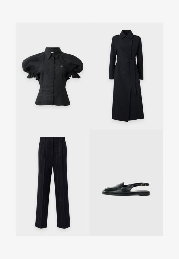 Dvojřadý černý trenčkot vyrobený z hladké tkaniny, s páskem v pase, dlouhými rukávy a klasickým límcem.; Černá košile s nafouknutými rukávy vyrobená z bavlny, se stojáčkovým límcem, zapínáním na knoflíky a vyšitým detailem na hrudi. Zmačkaná textura.; Černé pruhované kalhoty s úzkým střihem, se zúženým lemem a předními sklady. Vyrobené z hladkého materiálu se strukturovaným designem.; Černá kožená slingback obuv s kulatou špičkou, plochou podrážkou, bočním výřezem a páskem s kovovým detailem ve zlaté barvě.