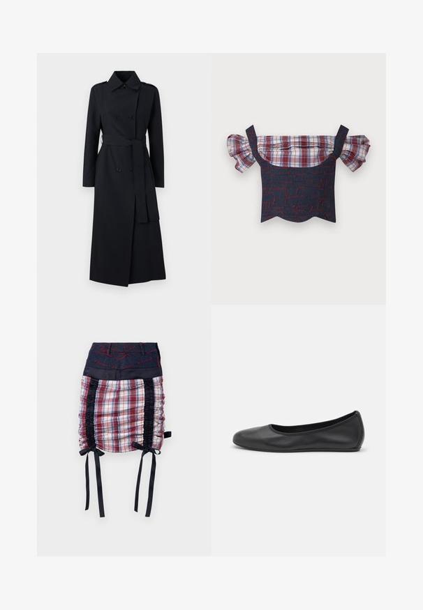 Kaksirivinen musta trench coat, joka on valmistettu sileästä kankaasta, vyötäröllä on vyö, pitkät hihat ja klassinen kauluksen muotoilu.; Denim off-the-shoulder -paita paksuilla ruutukuosisilla hihoilla, jossa on punasinfinen kuvioitu vartalo ja aaltoileva helma. Mukana säädettävät hihnat.; Ruudullinen hame, jossa tummansininen farkkuvyötärö. Sisältää mustat sivupaneelit, rypytysdetailit ja mustat nauhat helman kohdalla. Punaiset tikkauskoristeet.; Musta nahkainen ballerina, jossa on pyöristetty kärki, sileä pinta, minimaalinen ommelkoristelu ja joustava pohjamuotoilu.