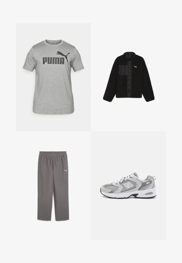 Černá fleecová bunda s vysokým límcem, předním zipem a kapsou na levé straně hrudi. Na horní levé straně je umístěno logo. Měkká textura.; Šedé bavlněné tričko s krátkým rukávem, na přední straně s velkým černým logem "PUMA" a grafikou černého pumy. Kolo výstřih.; Šedé sportovní kalhoty s elastickým pasem, vyrobené z lehkého materiálu. Obsahují malé bílé logo na levé nohavici.; Šedé sportovní boty s vrchní částí z prodyšné síťoviny a semiše, bílé tkaničky a černá podešev. Vyznačují se výrazným logem "N" a polstrovaným límcem.