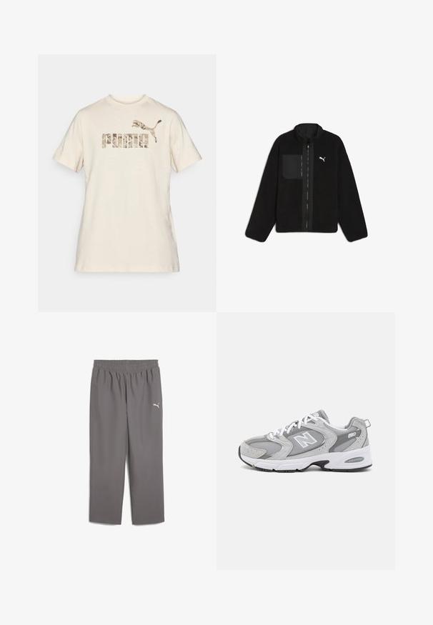 Sort fleecejakke med høj krave, frontlynlås og en lomme på venstre bryst. Har logo på den øverste venstre side. Blød tekstur.; Cremefarvet bomulds T-shirt med korte ærmer og rund hals. Udstyret med et camouflage-mønster logo "PUMA" og et springende puma emblem trykt i dæmpede farver.; Grå atletiske bukser med elastisk talje, lavet af letvægtigt stof. Har et lille hvidt logo på venstre ben.; Grå sportssko med en overdel i mesh og ruskind, hvide snørebånd og en sort ydersål. Har et fremtrædende "N"-logo og polstret krave.